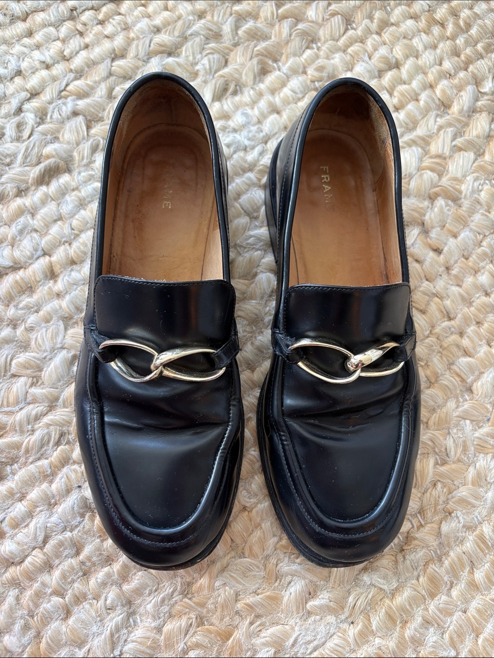 Black Leather Loafers with Gold Chain Accent